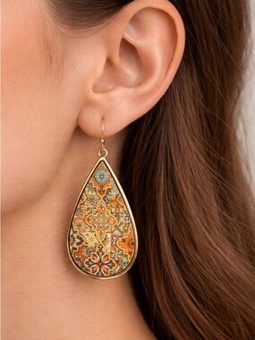 Boho Mosaic Teardrop Earrings | Multicolor Patchwork Gold Dangle